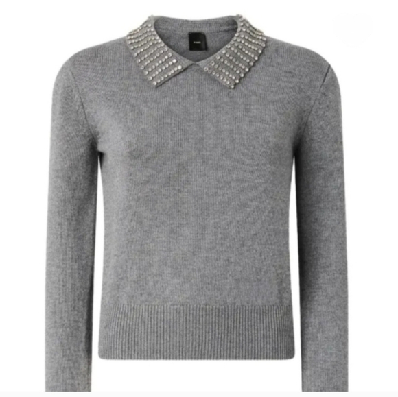French Connection Gray 100% Wool Beaded Pearl Collar Crewneck Sweater Size Small - Picture 11 of 11